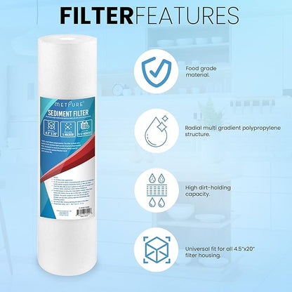 Metpure 20" x 4.5" Whole House Sediment Water Filter Cartridge - 5 Micron Melt-Blown Polypropylene 20-inch Water Filter Replacement. Compatible with Hydronix, Pentek DGD Series, and more. 2 Pack