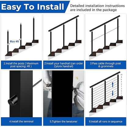 36" Modular 8-12FT Black T304 Stair Cable Railing Post Kit, Cable Railing System with 3 Stair Posts, 134ft 1/8" Wire Rope(No Handrail), Adjustable Length Easy DIY for 28-38° Stairway