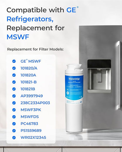 Waterdrop MSWF Refrigerator Water Filter, Replacement for GE® MSWF, 101820A, 101821B, RWF1500A, NSF 42&372 Certified, Pack of 3
