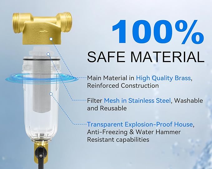 POHIR Spin Down Sediment Filter 40/100/200 Micron, Reusable Water Filter for Whole House Pre-Filtration System, 1" MNPT + 3/4" FNPT + 3/4"MNPT with Sewage Drain Pipe
