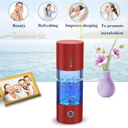 Rechargeable Hydrogen Ionizer Bottle - 400ml Portable Hydrogen Water Maker, Glass Travel Cup, Gift (Red)