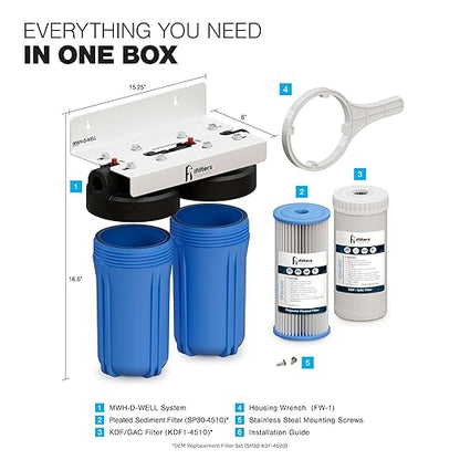 iFilters 2-Stage 10" Well Water Whole House Filtration Complete Commercial Grade System | Removes Sediment, Chlorine, Rust, Odor, Taste, Iron, Heavy Metals | Dual Stage with 1" Ports