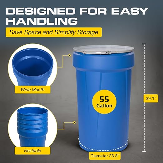 Eagle Plastic Drum, 55 Gallon Drum, DOT Compliant, Made in USA, Blue | High-Density-Polyethylene Construction, Open Head Lab Pack Drum, Metal Lever-Lock Lid, Hazardous Material Storage, Transport