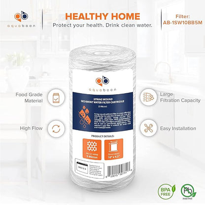 Aquaboon 5 Micron Water Filter 10 x 4.5 inch - String Wound Water Filter for Whole House System - Compatible with 84637, WPX5BB97P, PC10, 355214-45, 355215-45, WP10BB97P, WP5BB97P (4 Pack)