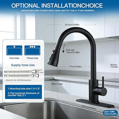 Kitchen Faucet with Pull Down Sprayer，Black Kitchen Sink Faucet，High Arc Single Handle Classic Stainless Steel Sink Faucet，1 or 3 Hole,Suitable for Farmhouse Camper Laundry Rv Bar