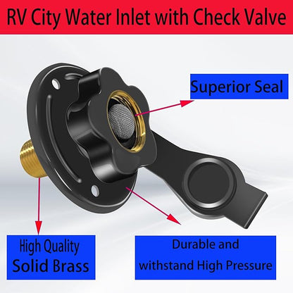 RV City Water Inlet with Check Valve, RV Water Inlet Replacement, 3/4 NH Female to 1/2 NPT Male Black Flange RV Fresh Water Inlet, RV Water Inlet with Dust Plug for RV Camper Motorhome, Black