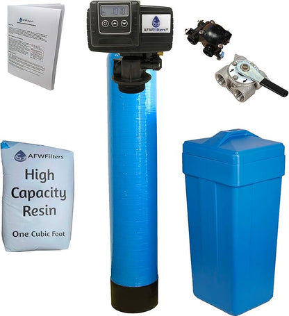 AFWFilters 1 Cubic Foot (32k) Whole Home Water Softener with High Capacity Resin, 3/4" Stainless Steel FNPT Connection, and Blue Tanks