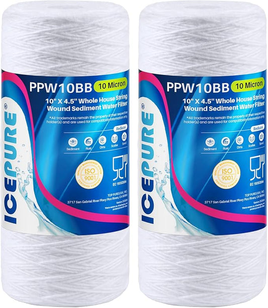 ICEPURE 10 Micron 10”*4.5'' Whole House Sediment String Wound Water Filter Replacement filter for 84637, WPX5BB97P, PC10, 355214-45, 355215-45, WP10BB97P, WP5BB97P, 2 PACK