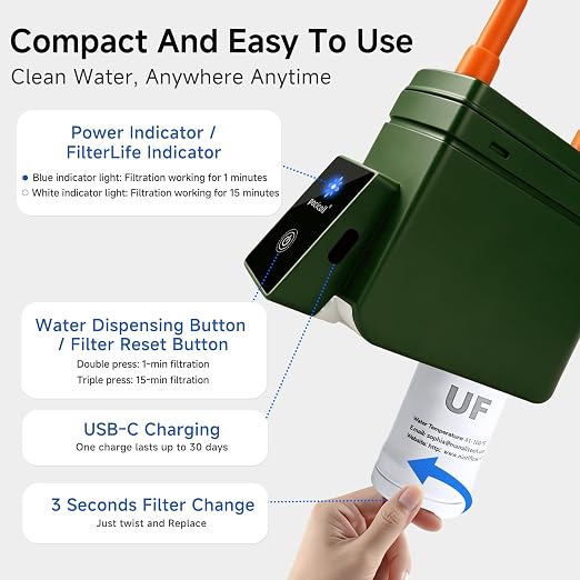 Motorized Portable Water Filter for Camping & Hiking, Electric Water Filtration System with 0.01μm UF Membrane, Compact Backpacking Water Purifier for Emergency Preparedness(Green)