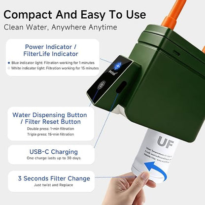Motorized Portable Water Filter for Camping & Hiking, Electric Water Filtration System with 0.01μm UF Membrane, Compact Backpacking Water Purifier for Emergency Preparedness(Green)