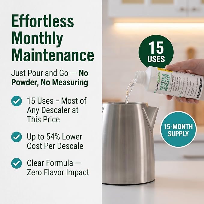 Think Crucial Kettle & Coffee Maker Descaler, 15 Uses, Best Value Per Descale — Compatible with Fellow, Stagg EKG, Corvo, Clyde, Aiden Brewer — Unscented Clear Liquid — 8 fl oz
