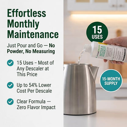 Think Crucial Kettle & Coffee Maker Descaler, 15 Uses, Best Value Per Descale — Compatible with Fellow, Stagg EKG, Corvo, Clyde, Aiden Brewer — Unscented Clear Liquid — 8 fl oz