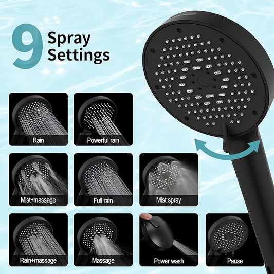 SR SUN RISE NSF Certified Filtered Shower Head with Handheld for Hard Water to Remove Chlorine High Pressure 9-Spray Setting (with Power Wash) Anti-Clog Nozzles (4 Filters, Matte Black)