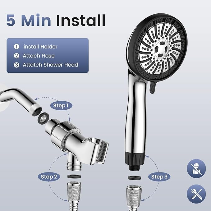 PWERAN High Pressure Shower Head with Handheld, Filtered Shower Head with 8 Mode, Water Softener Anti-clog Nozzles, Built-in Power Wash, Stainless Steel Hose,Overhead Brackets