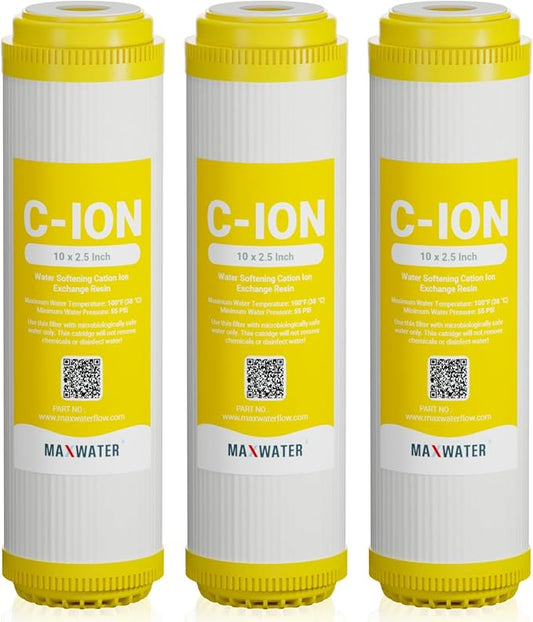 Max Water 10" x 2.5" Cation Resin Water Softener Cartridge, Compatible with AF-10-3003, WS-10, UDF-10C100E, 155319-43 & All 10 Inch Standard Whole House Water Filter Systems (3 Pack)