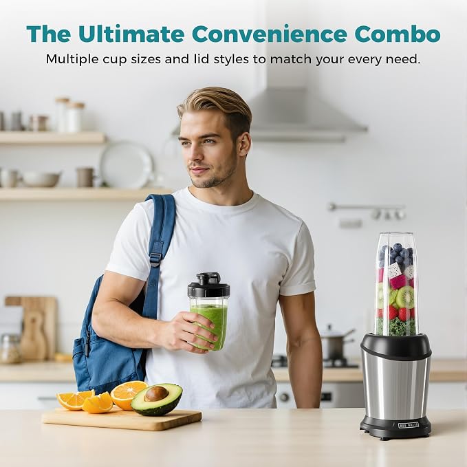 DUMOS Smoothie Blender for Kitchen, Blenders for Smoothies with 17 24 34 oz BPA-Free Portable Easy Go Cups, Small Personal Blender for Shakes, Sauces, Juice and Ice Crushing & More, Silver