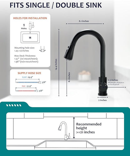 Black Kitchen Faucet with Pull Down Sprayer for RV Sink, VFAUOSIT Kitchen Sink Faucet Stainless Steel Laundry Single Handle Pull Out Kitchen Faucets Matte Black, Grifo para Fregaderos de Cocina