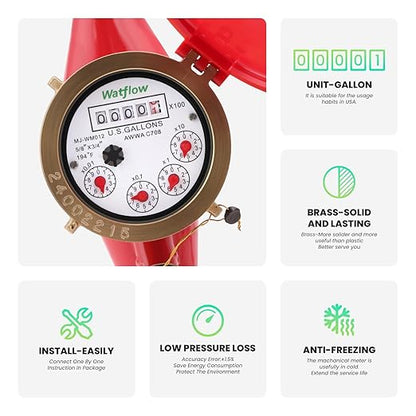 Watflow DN20 Water Meter 3/4" NPT,AWWA C708 Certification Gallon Water Flow Meter, Cold and Hot Water Meter for Garden/Home/Apartment, Horizontal Install.