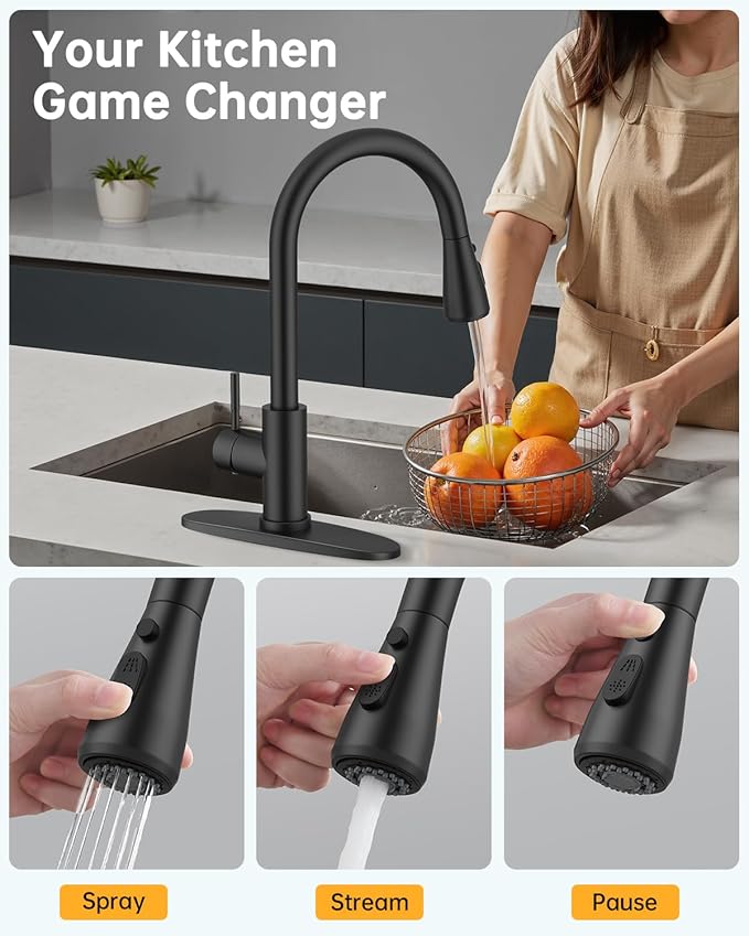 Hiqufet Kitchen Sink Faucet with Pull Down Sprayer with Deck Plate, 1 or 3 Holes High Arc Faucet, Stainless Steel Modern Bar Sink Faucets for Pot Filler, Farmhouse Laundry, RV Bathroom (Black)