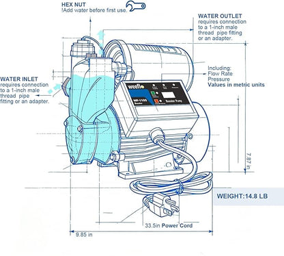 Weeflos 1.5HP Automatic Booster Pump, 1600 GPH Water Pump, 120ft Max Head, Mechanical Pressure Switch, Self-Priming Utility Pump for Shower, Irrigation, Basement, Garden, Pool (1.5HP/120FT)