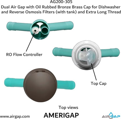Dual Air Gap with Oil Rubbed Bronze Brass Cap for Dishwasher and Reverse Osmosis Filters (with tank) and Extra Long Thread (AG200-305, AG200-X05, AMERIGAP)