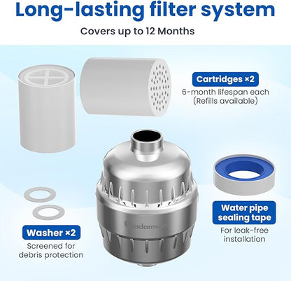 Adamson Shower Filter for Hard Water – 36-Stage Filtered Shower Head, Helps Reduce Chlorine – Supports Healthier Skin & Hair – High Output – Easy Tool-Free Install – Extra Cartridge Included