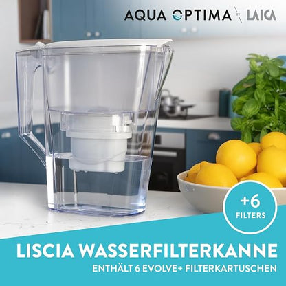 Aqua Optima Oria Liscia Filter Jug & 6 x 30 Day Evolve+ Water Filter Cartridges, 2.5 Litre Capacity, for Reduction of Microplastics, Chlorine, Limescale and Impurities, White