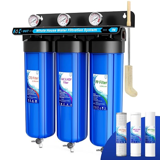 Whole House Water Filter System, 3 Stage Whole House Water Filtration System, with 20" GAC&KDF Filter, Reduces Heavy Metals, Chromium, Chloramine, Lead, Mercury, Copper, Nickel, Sediment, Odor