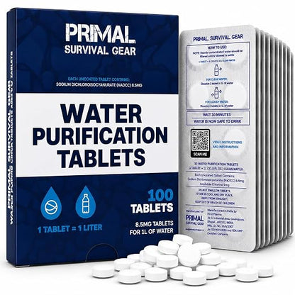 Water Purification Tablets - Water Purifier Tablets for Emergency Water - Hiking, Camping, Survival, Emergency – Drinking Water Filtration System Survival Tabs - Purificador De Agua - 1L - 100 Tablets