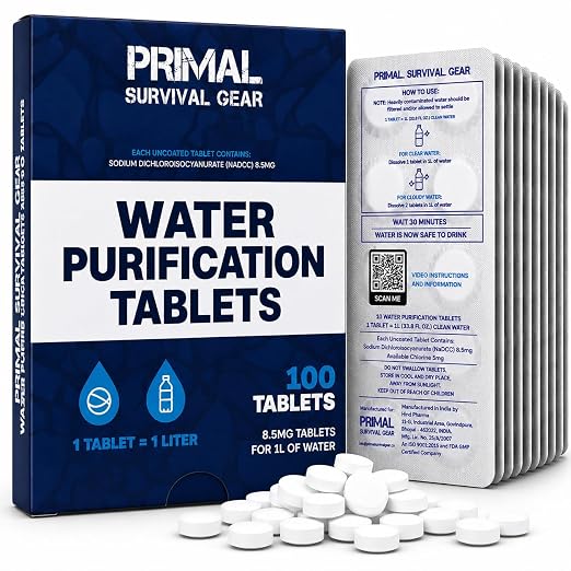 Water Purification Tablets - Water Purifier Tablets for Emergency Water - Hiking, Camping, Survival, Emergency – Drinking Water Filtration System Survival Tabs - Purificador De Agua - 1L - 100 Tablets