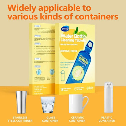 Water Bottle Cleaning Tablets, 18 Pack Bottle Clean Tablet Hydration Bladder Cleansing Tablets for Hydration Bladder, Water Bottle, Individually Packed, Orange Flavor