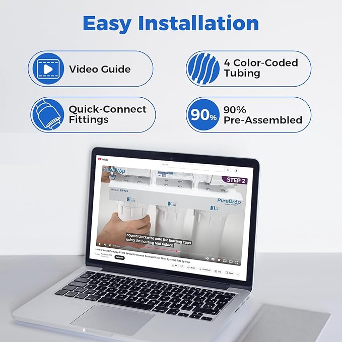 PureDrop RTW5 SGS-Tested 5 Stage Reverse Osmosis Water Filter System with Innovative Top-Mounted Faucet Design, TDS Reduction 50 GPD Under Sink RO Water Filtration Plus Extra 3 Filters