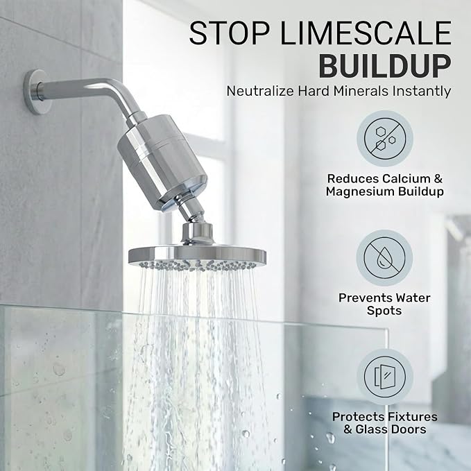 Everglow 15-Stage High Output Shower Filter Head for Hard Water | Water Softener System Helps Improve Hair, Skin, Nails, Vitamin C Infused for Eczema, Dandruff, 100% Chlorine Removal