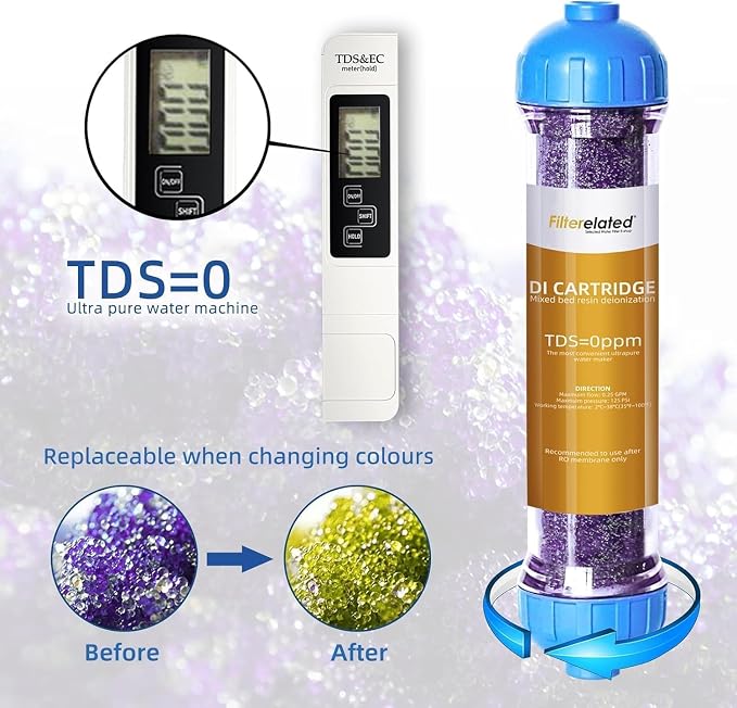 4-Stage Aquarium Reverse Osmosis System with Flushing Valve Portable RO+DI deionized Water Filtration,Colour Changing DI Filter,100 GPD-TDS Close to 0 ppm