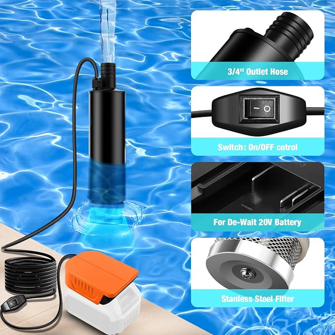Transfer Pump Compatible with Dewalt 20V Battery, 500GPH Portable Water Pump with Sediment Filters, for Pool, Garden, Pond, Deep Well Draining (Tool Only)