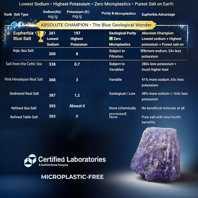 EUPHERBIA Blue Salt, Fine Grind, Rare Mineral Salt, High Potassium, Lower Sodium, Natural, Unprocessed, Hand Harvested, Kosher Certified (227g Fine Grind)