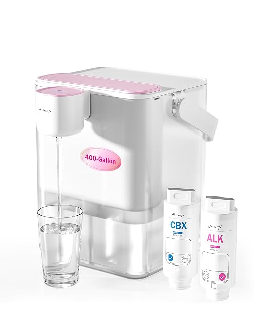 Frizzlife MD40 Alkaline Electric Water Filter Dispenser with 2 Filters, NSF/ANSI 53/42/372, 400-Gallon Pitcher, 18-Cup Countertop Rechargeable Instant System, 6 Months Filter Life Water Purifier