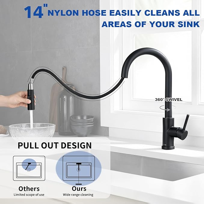 Tohlar Black Kitchen Faucets with Pull-Down Sprayer Single Handle Kitchen Faucet, Modern Stainless Steel Kitchen Sink Faucet with Deck Plate