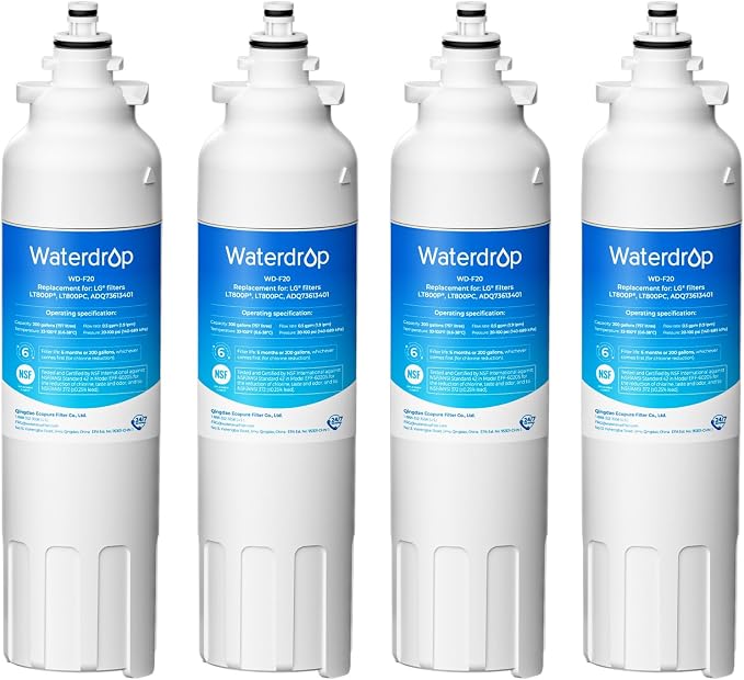 Waterdrop ADQ73613401 Water Filter, Replacement for LG® LT800P®,4 Pack | Replacement for LG® LT800P®, ADQ73613408, ADQ75795104, ADQ73613402,9490, 46-9490, LSXS26326S, LMXC23746S