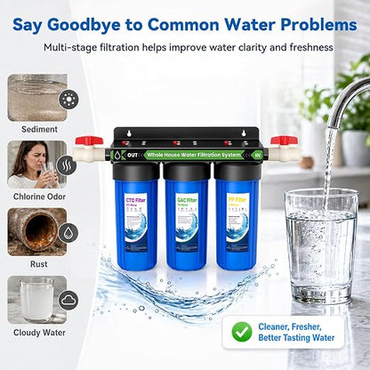 Whole House Filtration System,3-Stage Whole House Water Filter System,Reduces Chlorine Odor Bad Taste, Improves Skin Health, 3/4" Ports with 2 Valves, Extra 2 Sets of Replacement Filters