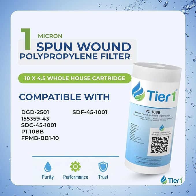 Tier1 1 Micron 10x4.5 Water Filter | Spun Wound Polypropylene Whole House Sediment Water Filter | Replacement for Pentek DGD-2501, 155359-43, SDC-45-1001, P1-10BB | 4.5 x 10 Water Filter Cartridge