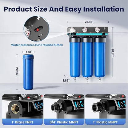 Whole House Water Filter System, 3 Stage Whole House Water Filtration System, with 20" GAC&KDF Filter, Reduces Heavy Metals, Chromium, Chloramine, Lead, Mercury, Copper, Nickel, Sediment, Odor