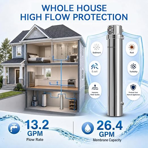 Whole House Water Filter 6-Year Backwash Filtration System Stainless Steel | 880K GL, 6 Year Backwash Filter, 0.01μm UF Filtration, 304 Stainless Steel, High Flow Whole House, for Well/Tap/Lake Water
