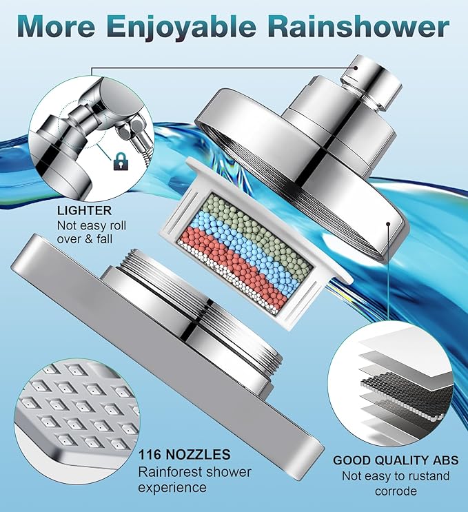 Dual Filtered Rain Shower Head Combo, High Pressure 10 Modes Handheld Shower Head Built in Water Filtration, 6 inch Rainfall Shower Head with Filter for Hard Water