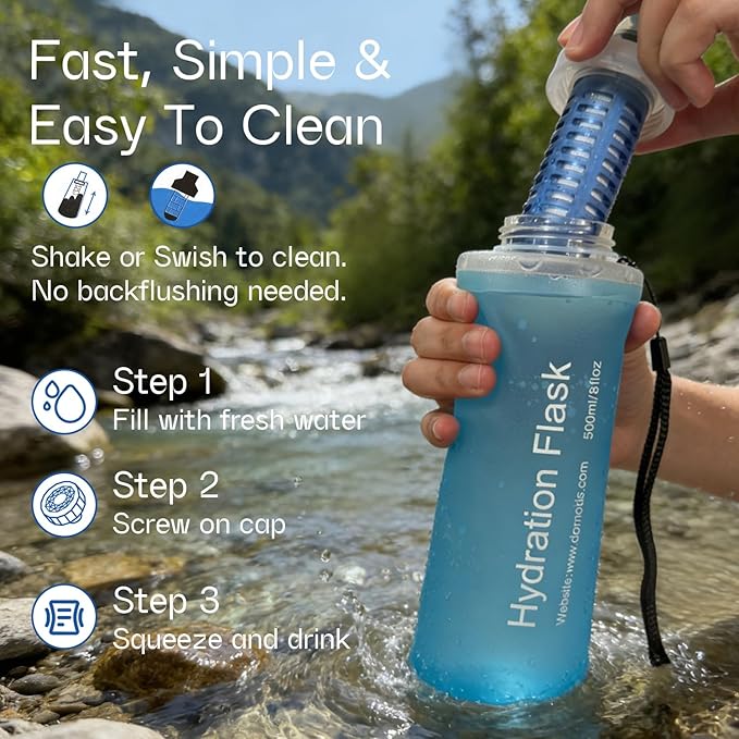 GUYI 500ml Collapsible Water Filter Bottle, Removes Impurities, BPA Free, Ultralight for Hiking, Camping, Cycling & Travel-Blue