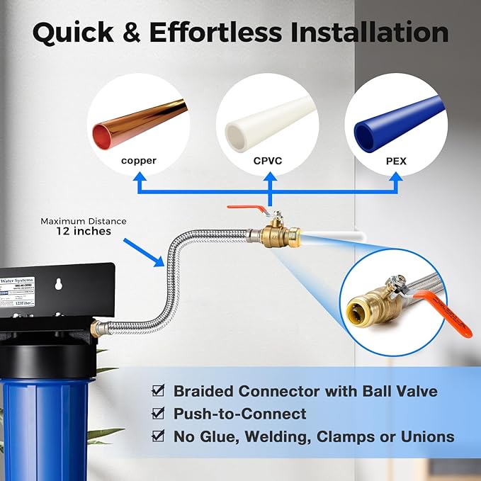 iSpring WGB21B+AH12MN16X2 2-Stage Whole House Water Filter System, Reduces Chlorine, Sediment Water Filtration System for Home with 3/4'' Braided Stainless Steel Hose Connectors and Ball Valve