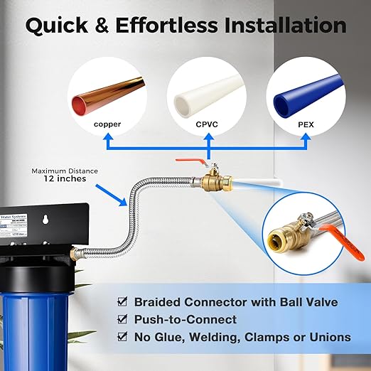 iSpring WGB32BM+AHPF12MNPT16X2 3-Stage Whole House Water Filter System, Reduces Iron & Manganese, Chlorine, Sediment Home Water Filtration System w/ 3/4'' Braided Stainless Steel Hose Connectors