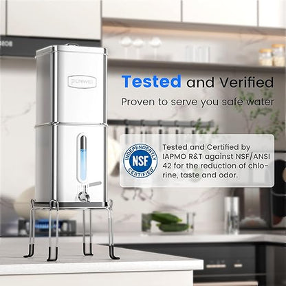 Purewell Square 2.25G PFAS-Free Gravity Water Filter System with Water Level Window & Smart Timer, 4-Stage Filtration, Reduce Lead, Total PFAS (Forever Chemicals), Mercury, and Chlorine, SQP-2.25G