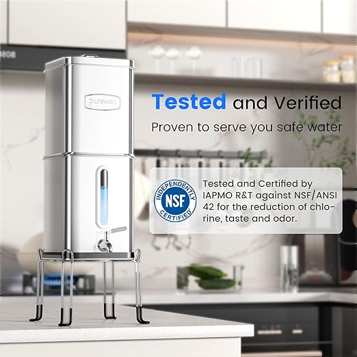 Purewell Square 2.25G PFAS-Free Gravity Water Filter System with Water Level Window & Smart Timer, 4-Stage Filtration, Reduce Lead, Total PFAS (Forever Chemicals), Mercury, and Chlorine, SQP-2.25G