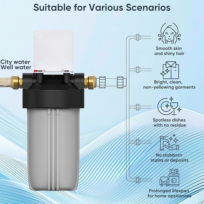 4-Stage Whole House Salt-Free Water Softener Alternative, Scale Prevention Water Filter with 3/4" Metal Ports, Compact 25K Gallons Capacity for Chlorine, Iron, Manganese, Sediment, Taste & Odor